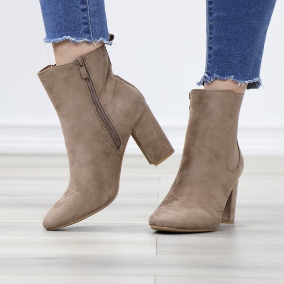 Taupe Suede Chelsea Round Toe Block High Heel Above Ankle Boots - Picture 11 of 12